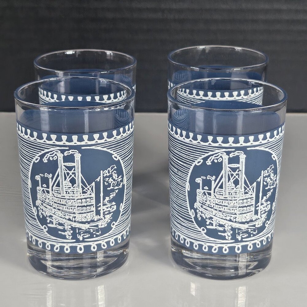 Set Of 4, 1950s Royal China Blue And White Courier And Ives Juice Glasses 4 Oz.